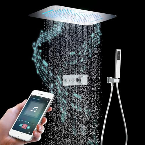 Duschsystem,Verchromung Duschsystem mit thermostat,Unterputz Duscharmatur Set,580x380mm Duschkopf Mit Musik Und LED-Farblichtern,Regendusche mit Handbrause,Duscharmatur Komplettset