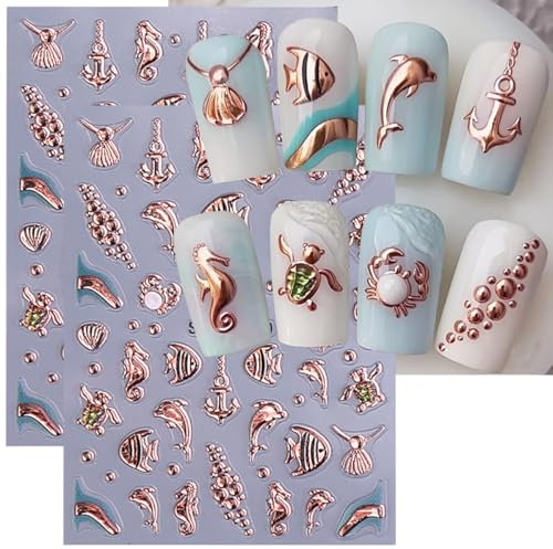 Shimmerz 2 Sheets 5D Relief Marine Life Nail Decal Gold Shell Starfish Ocean Creature Summer Nail Design Sticker Self-Adhesive Nail Decoration