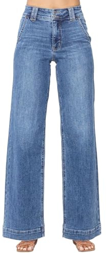 Astylish Women's Pants Wide Leg Jeans Woman High Waist Double Button Bootcut Trousers Stretchy Vintage Denim Jean Pants with Slanted Pockets Size 16 Sky Blue