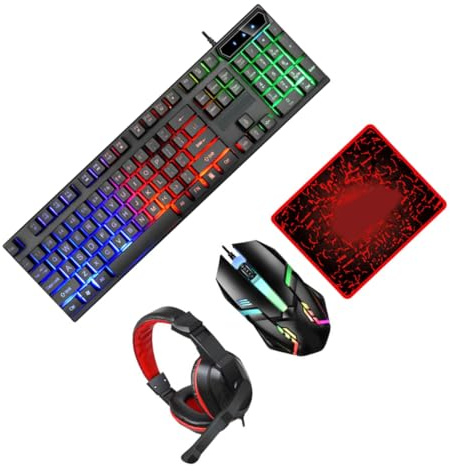 HOMSFOU Gaming Keyboard Mouse Pad Headset Wired Rgb Backlit Ergonomic Design Comfortable for Laptop Office and Gaming with Soothing Breathing LED Light