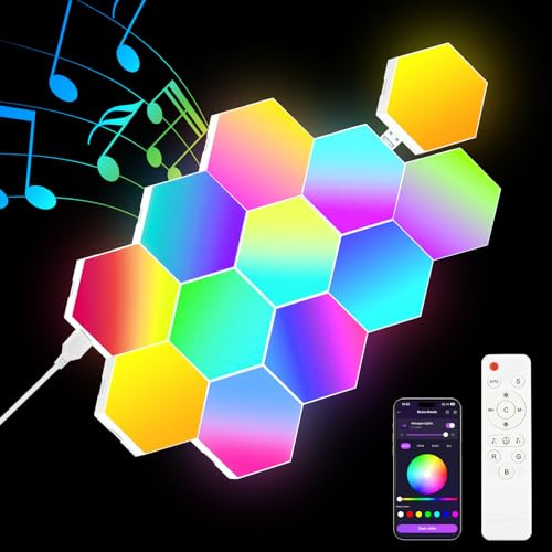 vsshe Esagonali Muro LED Luci, 12pcs Pannelli LED Hexagon Luminoso,Esagonali Muro Luci con App e Telecomando,16 Milioni di Colori Hexagon Lampada,Cambia Colore a Ritmo di Musica, per Cameretta,Gaming
