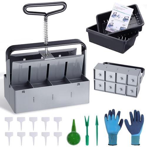 Moendergo Presse-terreau manuel pour 8 blocs de terre de 5 x 5 x 5 cm, bloqueur de sol manuel avec semis, gants, palettes de culture pour plantation, transplantation, gris
