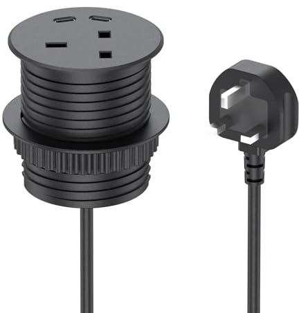 Built-in Socket with USB, Retractable Socket with 2 USB-C for Worktop Kitchen, 2 m Cable Diameter 60 mm,(Black)
