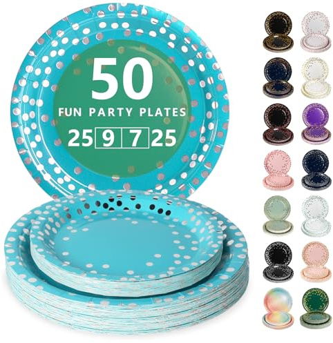 Nkaiso 50 Pcs Blue Silver Disposable Party Paper Plates Set | Party Supplies- 25x9inch & 25x7inch Plate Elegant Disposable Tableware for Birthday, Wedding, Shower