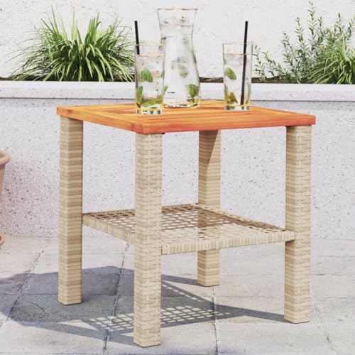 Owoxanthellate Gartentisch klappbar 40x40x42 cm Beige & Braun aus Poly Rattan und Akazienholz wetterfest Kleiner Balkontisch Outdoor Gartentisch für Terrasse und Camping