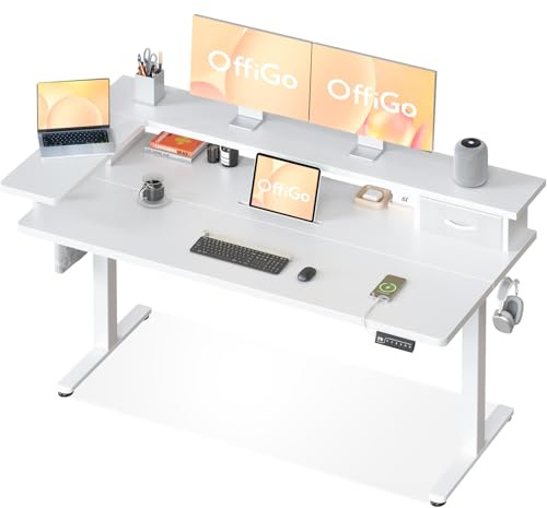 OffiGo Schreibtisch Höhenverstellbar mit Schublade, 140×60 cm, Weiß | L-förmige Tischplatte, 3 Memory Einstellungen, USB-Anschluss integriert, elektrisch höhenverstellbar 72–118 cm