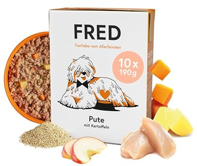 FRED Hundefutter Pute mit Kartoffeln 10 x 190 g I Monoprotein Nassfutter mit Muskelfleisch I Getreidefrei & gut verträglich I Mit Karotte, Quinoa & Apfel I Alleinfuttermittel für ausgewachsene Hunde