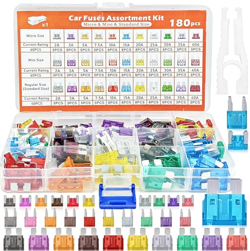 Basetousual 180 Stück Micro Sicherungen Auto, Kfz Sicherungen Set, Kfz Sicherungen Set 2A-40A, Auto Sicherungen Set, Mini Flachsicherungen, 1 Sicherungszieher Für Pkw/Motorrad/Wohnmobil(2A-40A)
