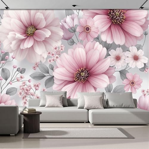 ZISTRCBAO Papier Peint Panoramique Fleurs Roses, Papiers Peints Fleurs Aquarelles Vintage 250x175cm, Poster Geant Mural Impression Pour Salon Chambre - Moderne Décoration Murale, Rose Poudré