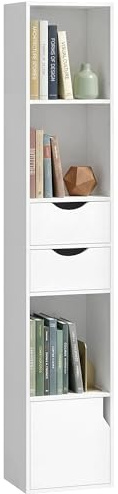 HOMCOM 158 cm Bookcase with Drawers, 3-Tier Bookshelf, Slim Storage Cabinet with Doors, Adjustable Shelf for Living Room, Bedroom, Home Office, White