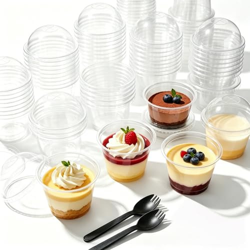 Bicchieri da dessert in plastica, 50 pezzi da 260 ml, bicchieri da dessert in plastica con 50 coperchi a cupola e cucchiai, riutilizzabili, tazze da dessert in plastica per gelato, budino, mousse
