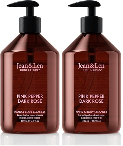 Jean & Len Hand & Body Cleanser Pink Pepper & Dark Rose, für ein duftendes Reinigungserlebnis, Körper- & Handseife in einer hochwertigen Flasche, sinnlich-floraler Duft, vegan, 500 ml (Packung mit 2)