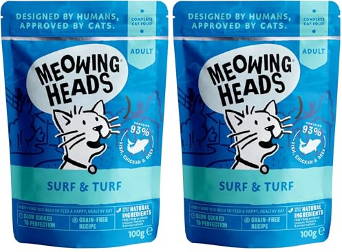 Meowing Heads Wet Cat Food - Surf & Turf - 93% Natural Fish, Chicken & Beef Pouches with No Artificial Flavours, Grain-Free Recipe (10 x 100 g) (Pack of 2)