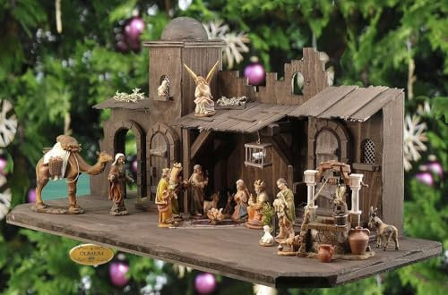 ÖLBAUM-Krippe KO70at-MF-ORI- XXL Weihnachtskrippe, mit Holz-Brunnen + Premium-DEKOSET Oriental, Massivholz edel SCHWARZ Orient - mit Premium-Krippenfiguren + Engel