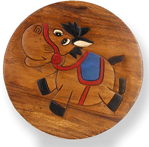 ART-CRAFT Vielseitiger Kinderhocker Holzhocker rund aus Massivholz Tiermotiv Pferd Funny mit vielen Einsatz Möglichkeiten