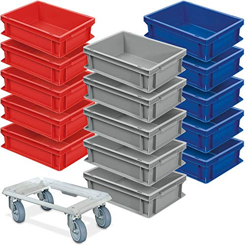 BRB 15er Spar-Set Euro-Behälter Plus Transportroller, 400x300x120 mm in 3 Farben Industriequalität lebensmittelecht