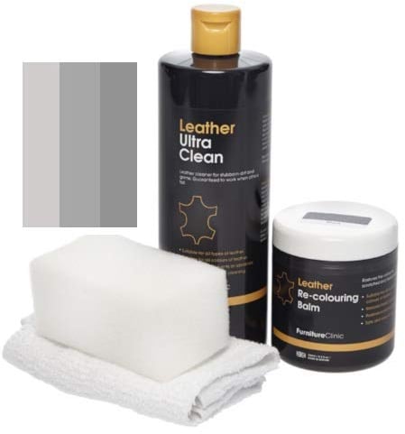 Furniture Clinic - Easy Leder Restauration Set - Leder Reiniger und Farbauffrischung Balsam - Kratzer Abschürfungen Ausbleichungen – Autositze, Sofas, Bekleidung, Schuhe und Taschen (Hellgrau)