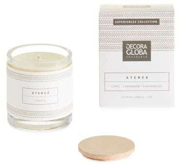 DECORAGLOBA - Vela Aromática en Vaso de Cristal - Fragancia ATENEA - Aroma cítrico y floral con un toque amaderado - Colección Grecia Experience - 50 Horas de Quemado (220gr)
