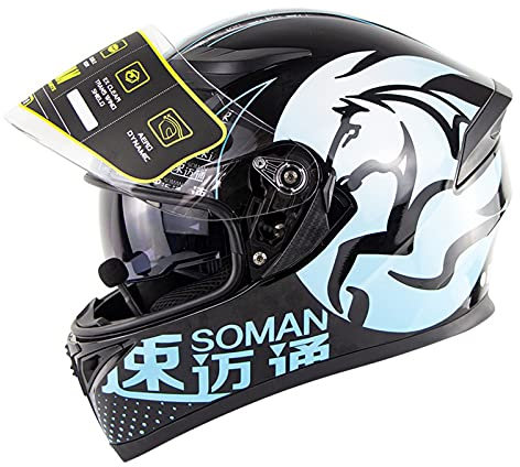 Motorcycle Helmets Bluetooth Integrated Modular Flip Up Full Face Motorcycle Helmet with Dual Visor Clear and Tinted for Moped Motorcycle Motocross Street Bike DOT ECE Approved,Blue Horse,S