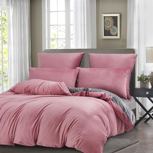 Boqingzhu Plüsch Bettwäsche 220×240cm Biber Rosa Altrosa Grau Flanell Winter Warm Kuschelig Flauschig Wende Bettwäsche Teddy Fleece Samt Cashmere Touch Bettbezug 220×240cm