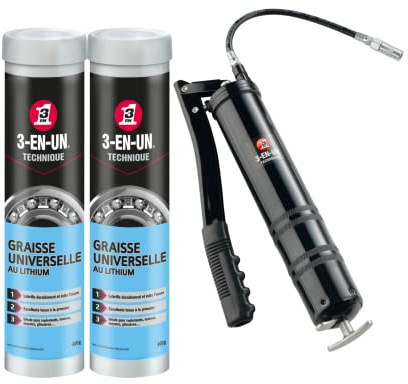 3- EN-UN Cartouche 400g Graisse Universelle au Lithium x2 + Pompe à Graisse Manuelle Pack Complet pour graissage avec Pompe et Cartouche. Clair