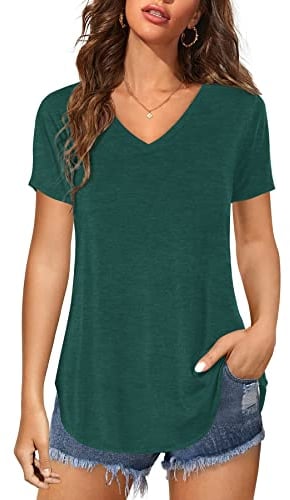 Florboom Womens T Shirts V Neck Summer Tops Plain Short Sleeve Casual Tee, Army Green 18 20