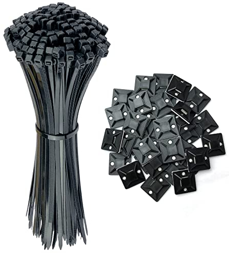 Oksdown 100 Stück Kabelbinder schwarz 350×4.8mm Lang Nylon Kunststoff groß Cable Zip Ties 60 Stück Starke Montagesockel Klebesockel Schraubsockel 25 x 25 mm Kabel Binder Set Kabelband Kabelmanagement