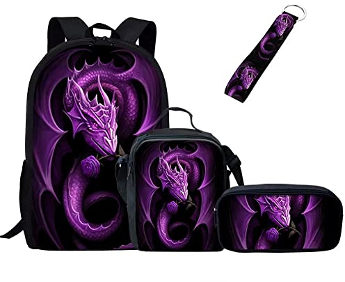Jeiento Boy's Backpack Set with Lunch Bag, Pencil Case and Wristlet Keychain,Purple Dragon Pattern Primary School Backpack Set,Back to School College Bags