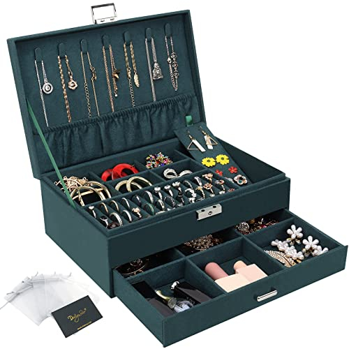 DesignSter Jewellery Box, Large Jewellery Organiser with Drawer and Lock, 2 Layers Velvet Jewelry Storage Case, Jewellery Storage Case for Necklaces Earrings Bracelets and Rings, Dark Green