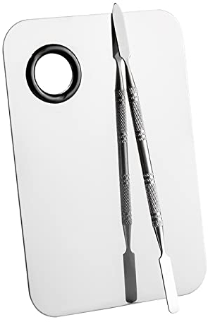 Stainless Steel Makeup Palette & Spatula Set – 6”x4” Cosmetic Mixing Palette for Foundation Nail Art and Color Blending (Silver)