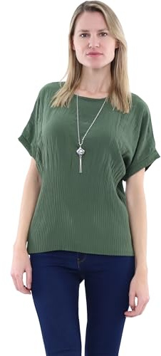 Malito Damen Blusenshirt mit Kette| kurzärmeliges Oberteil mit modischer Raffung | Hemdbluse - Tunika - modern 1144 (Oliv)