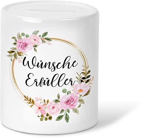 GRAVURZEILE Bedruckte Spardose - Wünsche Erfüller Design - Spardose mit Blumenkranz Motiv für Kleingeld oder Urlaubsgeld - Optimal als Dekoration für Geldgeschenk Kommunion Konfirmation Geburtstag