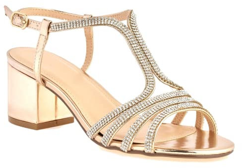 Miss Diva Women's Block Heels Amanda Diamante Ladies Heeled Sandals with Anklestrap - Rose Gold, UK5