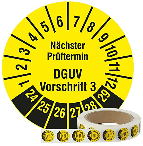 Labelident Mehrjahresprüfplaketten 2024-2029 - Nächster Prüftermin DGUV Vorschrift 3 - Ø 20 mm, 1.000 widerstandsfähige Prüfplaketten auf Rolle, Polyethylen, gelb, selbstklebend