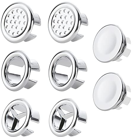 8 coperture per troppopieno, accessori decorativi per fori di drenaggio, tappi rotondi in plastica, 4 disegni di anelli di troppopieno, utilizzati in lavandini da cucina e bagno, vasche da bagno
