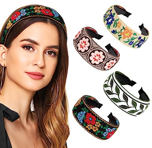 4er Stirnband Damen Blumen Vintage, Haarband Haarreifen Headwrap Turban-Kopf-Verpackungs Haarschmuck, Breite 84.5cm Retro Sommer Blumen Stirnband für Kostüm Dusche Yoga