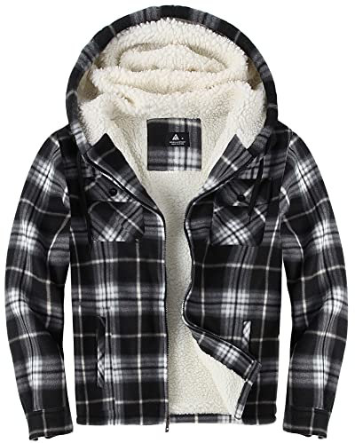 zitysport Hemdjacke Herren Hemd Sherpa Fleece Kariert Gefüttert Kapuzenpullover Fleecefutter Mantel Winter Jacke mit Taschen Flanellhemd Kariertes Männer Sweatjacke mit Kapuze(schwarz und weiß,2XL)