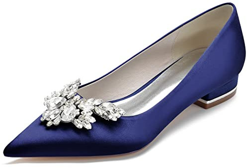 WeFloHsL Flat Wedding Shoes for Bride Women Pointed Toe Satin Rhinestones Bridesmaid Ballet Pumps 18447-1B,Navy,9.5 UK