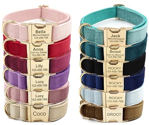 Personalised Dog Collar with Name Phone Number Engraved - Custom Pet Collars with Metal Buckle (Velvet)