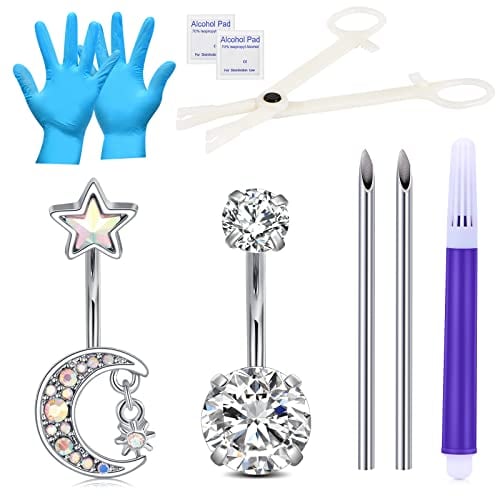 NIUSIMAN 14G Belly Button Piercing Kit With CZ Rings, Needles, Disposable Clamps and Navel Supplies