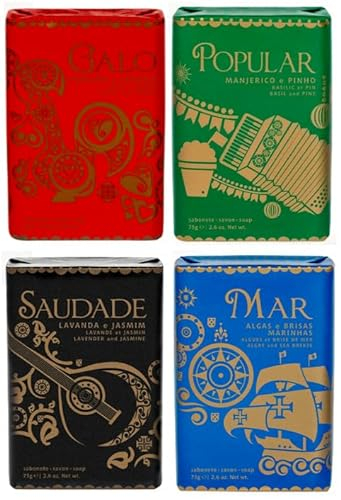 Ach Brito Set mit 4 Seife Simbolos Lusitanos Portugal – Mar 75g | Saudade 75g | Popular 75g | Galo 75g