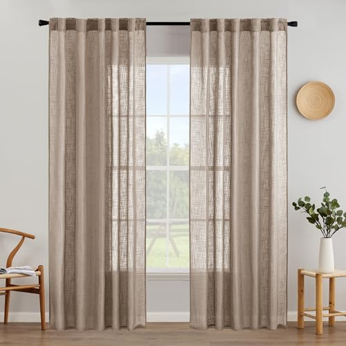 MIULEE Gardinen Vorhänge schlaufenschal Voile Vorhang Modern Leinenoptik Halbtransparent für Wohnzimmer Schlafzimmer Kinderzimmer Schiebevorhang 2er Set Stores Dunkelbraun 175x140 cm