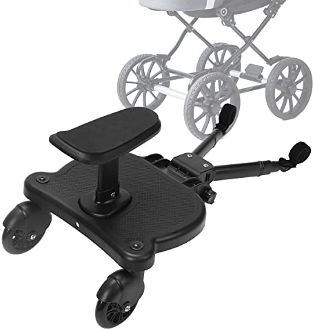 Herrselsam Buggy Board für alle Kinderwagen,Kiddy Board mit Sitz, Trittbrett Mitfahrbrett 360°Zweirad Design,Trittbrett für Kinderwagen von 25kg,für jeden Kinderwagen erhältlich (Schwarz)