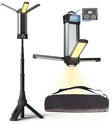 Mlogiroa Rechargeable LED Work Light with Stand - Cordless Work Lights Kit 3 Page Head,500/1000/2000 Lumen 3500/6500K Dimmable 6AH Camping Light with Detachable Tripod,Hooks and Carrying Bag