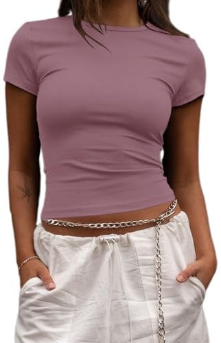 EFFAN Womens Running Tops Summer Tight Tee Shirts Cute Fitted Short Sleeve Tops for Women Crew Neck Babe Tee Pink S