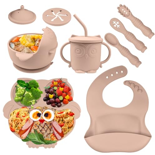 Bwaliffury 9 Pièces Coffret Repas Bebe Silicone, Set Vaisselle pour Bébé Silicone, Assiette Ventouse, Bavoir Bebe, Couvert Enfant et Tasse Apprentissage en Silicone sans BPA