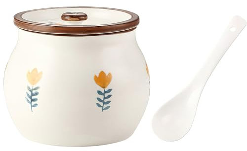 auons Porzellan Zuckerdose Zucker Schüssel mit Deckel und Löffel, Keramik SalzTopf Gewürzbehälter Gewürz Gläser zum Zuhause, Küche, 600ml, Gelbe Blumen