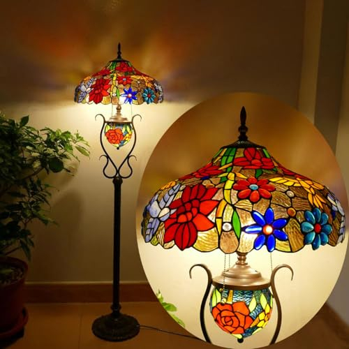 Retro Tiffany Wohnzimmer Stehlampe Ø46cm Glasmalerei Stehleuchte mit Fußschalter E27 Vintage Schlafzimmer Kolibri Leselicht 4 Flammig Rosen Nachtlicht Standllampe für Loft Büro Bar coffe H165CM