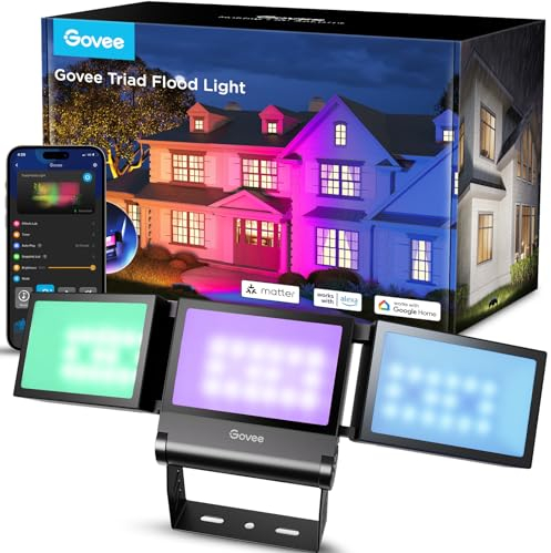 Govee Outdoor Triade LED Strahler, RGBIC Fluter Außen mit 4500LM Warmweiß und Kaltweiß, Aluminiumlegierung, IP66 Wasserdicht, Smart Flood Lights Funktioniert mit Matter, Alexa & Google Assistant