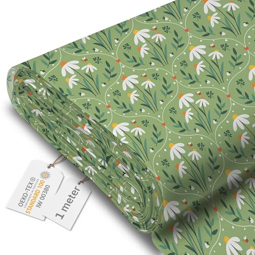 DreamRoots Markisenstoff Meterware, Ornament Chamomile, 1 m | Oxford Segeltuch, wasserdicht, Polsterstoff Meterware, 220 g/m² 600D, 160 cm breit, für außen & Deko